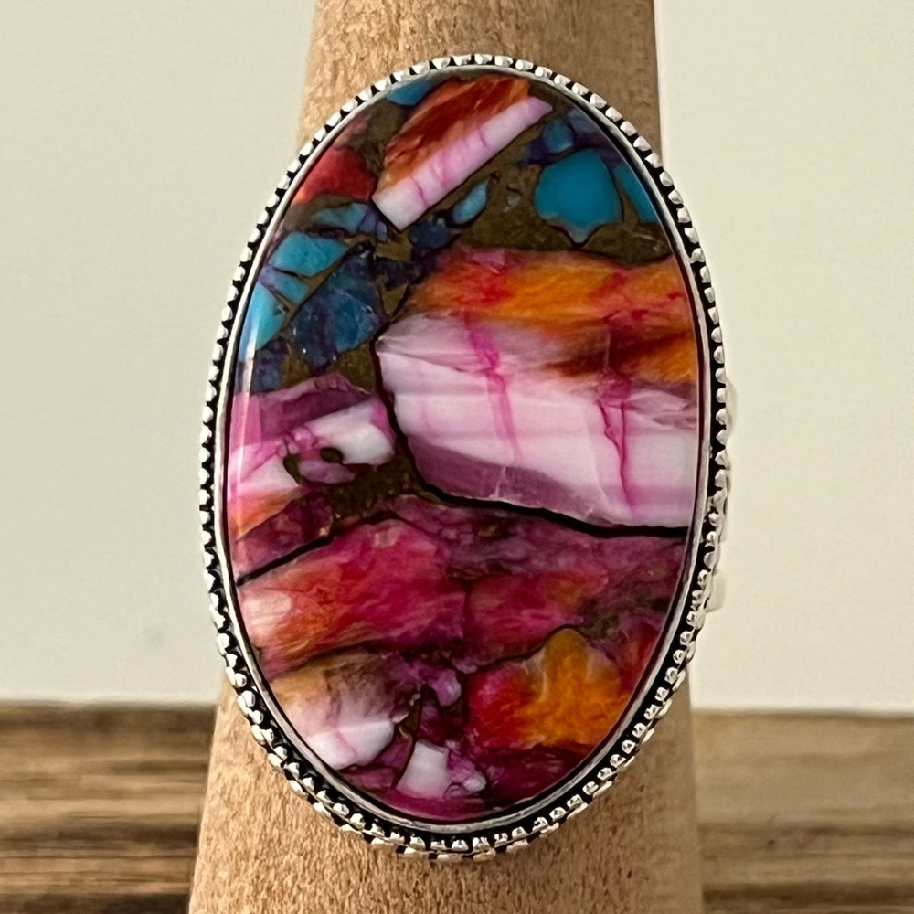 New 925 Stamped Silver Overlay Pink Dahlia Turquoise Gemstone Ring Size 9 - Picture 10 of 10